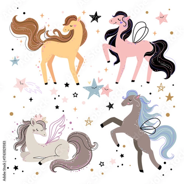 Obraz Cute set with colorful horses and stars in boho style. Baby shower or poster for nursery or kids room,T-shirt design. Vector illustration zodiac animals