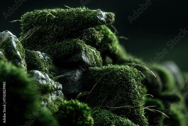Fototapeta Closeup of a moss-covered stone on a damp hiking path