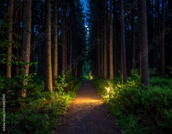 Fototapeta Dark forest trail illuminated by soft lights at dusk