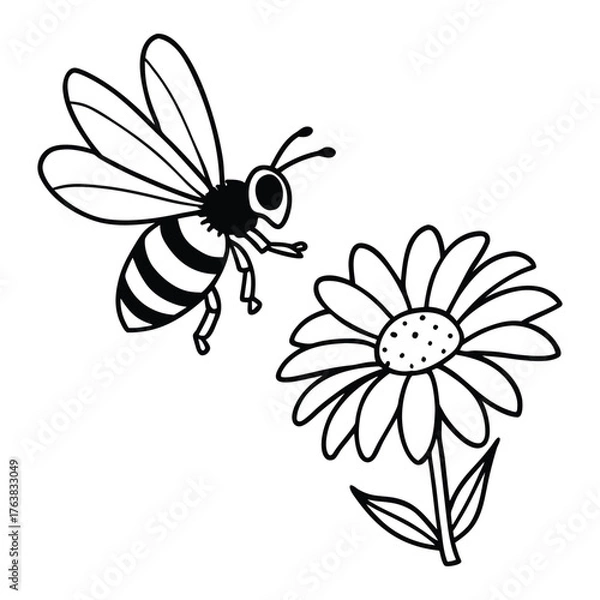 Fototapeta Detailed black and white line art illustration of a bee in flight perfect for nature and insect themes