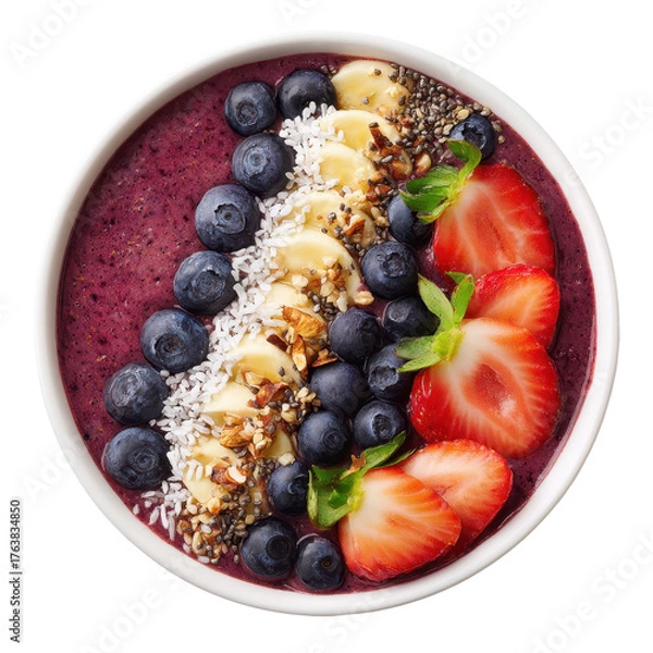 Obraz bowl filled with granola topped with banana slices, kiwi, blueberries, and strawberries, isolated on transparent background