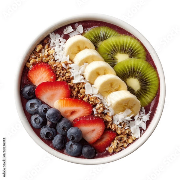 Obraz bowl filled with granola topped with banana slices, kiwi, blueberries, and strawberries, isolated on transparent background