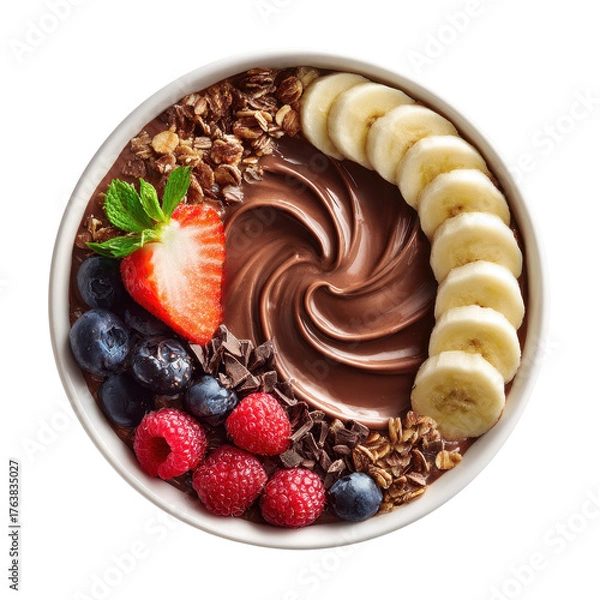 Obraz bowl filled with granola topped with banana slices, kiwi, blueberries, and strawberries, isolated on transparent background