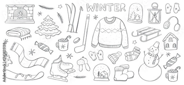 Fototapeta Winter and Christmas monochrome doodles collection for stickers, prints, coloring pages, scrapbooking, cards, banners, etc. EPS 10