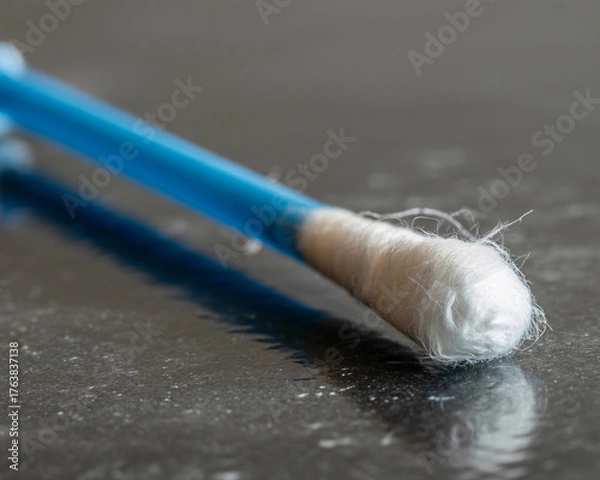 Fototapeta Close up of a clean cotton swab with a blue plastic handle resting on a dark textured surface, highlighting its delicate fibers and essential utility