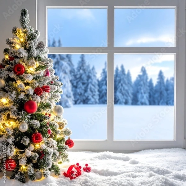 Fototapeta Decorated evergreen tree in a window with snow and winter landscape