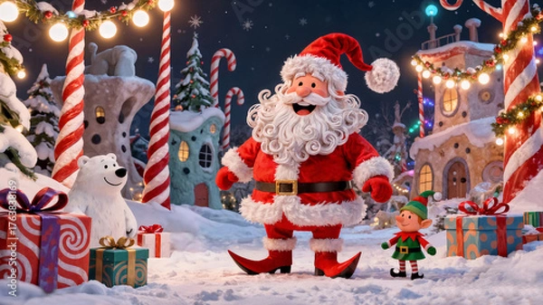 Fototapeta Santa Claus with Elf and Polar Bear in Colorful Christmas Village Surrounded by Gifts
