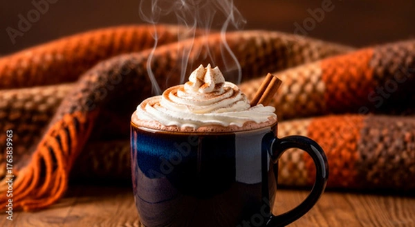Fototapeta Cozy vibes with a steaming mug of indulgent hot chocolate, topped with a mountain of whipped cream and a cinnamon stick! Pure bliss.