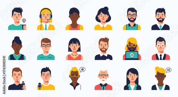 Fototapeta Collection of modern flat design avatar icons showcasing a diverse group of professional and casual individuals from various backgrounds, perfect for user profiles and team directories
