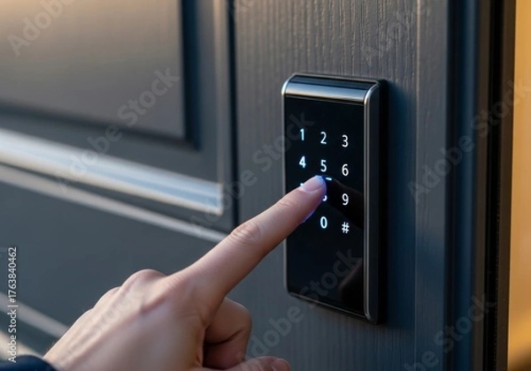 Fototapeta Person entering a security code on a modern digital keypad lock for home access