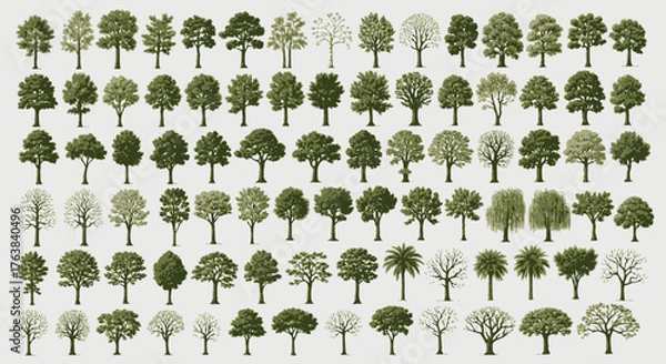 Fototapeta A diverse collection of various green tree illustrations, showing different species and foliage for nature and design projects