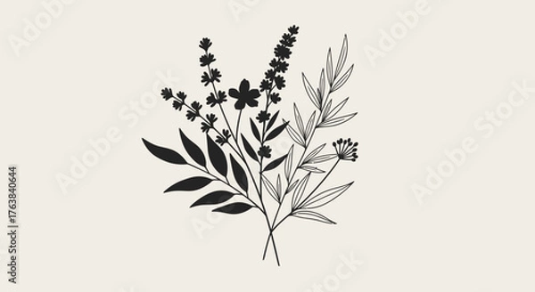 Fototapeta Elegant floral illustration of delicate botanical branches with leaves and blooms in a minimalist style