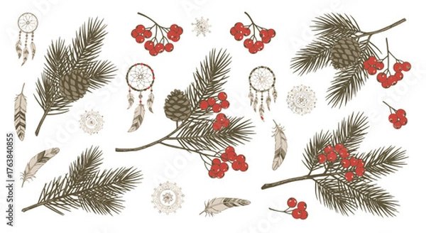 Fototapeta Bohemian-inspired collection of pine branches, dreamcatchers, feathers, and berries in a rustic, earthy aesthetic
