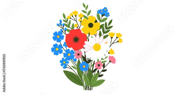 Fototapeta A charming vector illustration of a colorful wildflower bouquet, featuring a beautiful arrangement of summer and spring blossoms isolated on a white background