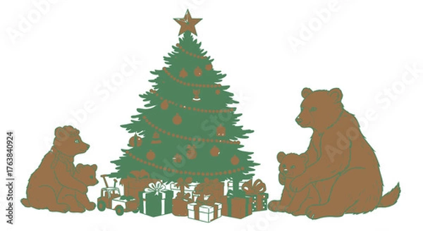 Fototapeta Adorable bear family with a cub opening gifts under a star-topped Christmas tree