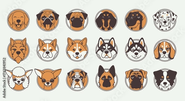 Fototapeta Collection of Round Dog Head Icons in Flat Design