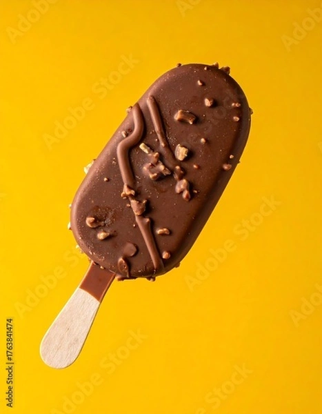 Obraz Chocolate-covered popsicle with nuts on a vibrant yellow background