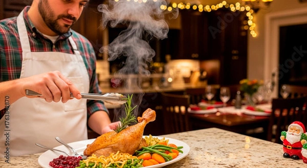 Fototapeta A chef plating a roast chicken dinner in a warm kitchen, steam rising, with holiday lights in the background ready for a festive meal.