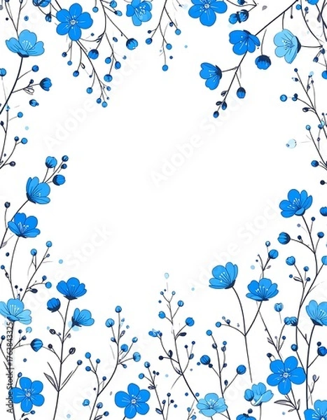 Fototapeta Delicate blue floral branches creating a frame on white background