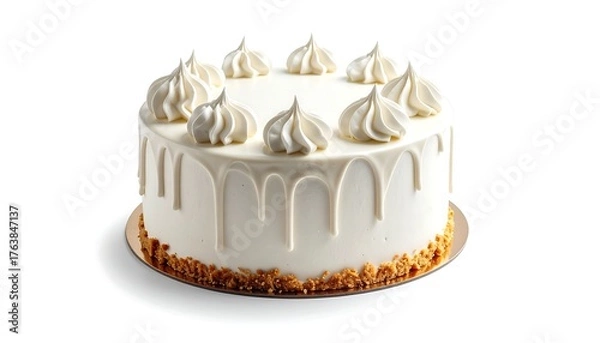 Fototapeta Delicious frosted cake with meringue swirls, white drips, and a nut base