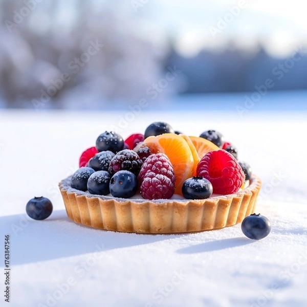 Obraz Delicious fruit tart with berries and oranges in a winter landscape