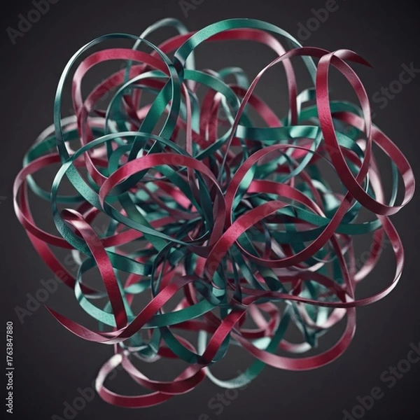 Fototapeta Abstract Swirls of Red and Teal Ribbons Forming a Chaotic Sphere.