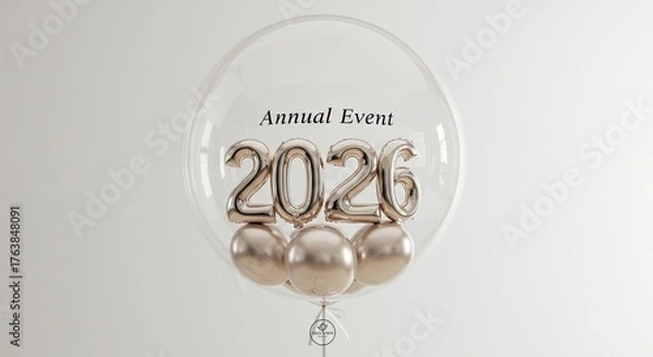 Fototapeta Annual Event 2026 Celebration with Elegant Gold Balloons Inside Clear Orb.