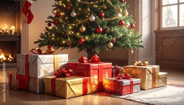 Fototapeta Christmas gifts under a tree in a cozy Livingroom