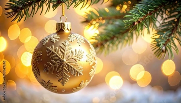Fototapeta Close up of a christmas bauble hanging on a tree