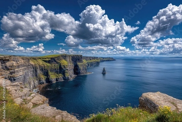 Obraz Dramatic cliffs meet the vast ocean under a cloudy, vibrant blue sky