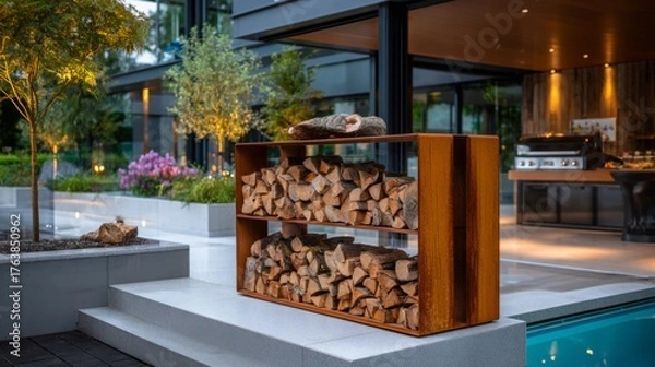 Fototapeta Wood storage display complements the modern outdoor patio with lush greenery and a pool area in the evening light