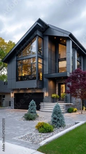 Fototapeta Modern home exterior with large windows and landscaped yard on a cloudy evening in a suburban neighborhood