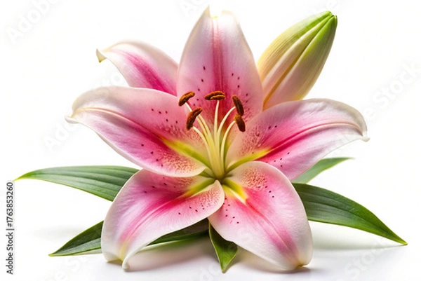 Obraz Pink Lily Flower with Green Leaves on White