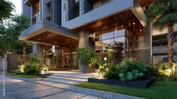 Fototapeta Modern building entrance with lush greenery and elegant design in a tranquil urban setting