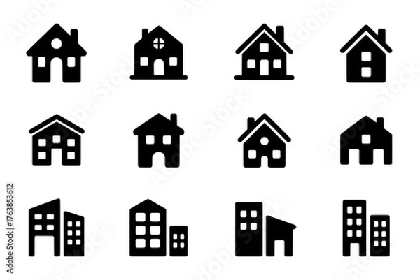 Fototapeta Grid of Twelve Flat Black House and City Building Icons on White Background, Minimalist Real Estate Symbols