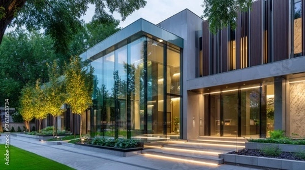 Fototapeta Modern architectural design showcasing a sleek home with glass and greenery in early evening light