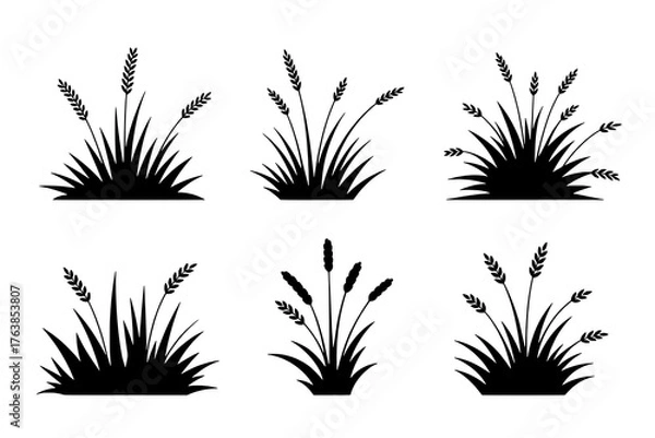 Fototapeta Six Solid Black Wheat and Grass Icons in 2x3 Grid, Featuring Diverse Grain Stalks and Clump Shapes, Flat Minimalist Style on White.
