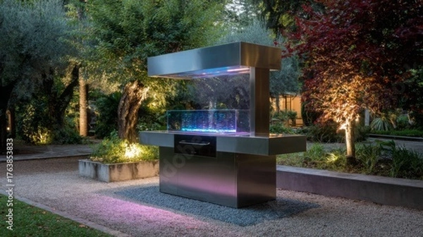 Fototapeta Modern outdoor barbecue station in a garden setting features colorful lighting and sleek design