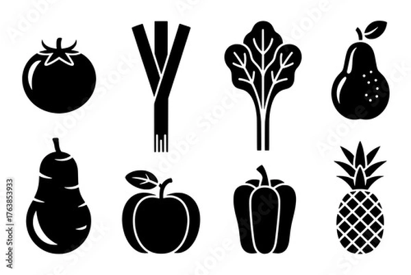 Fototapeta Eight Monochrome Fruit and Vegetable Icons: Flat Black Silhouettes with White Details on White Background in Grid Layout