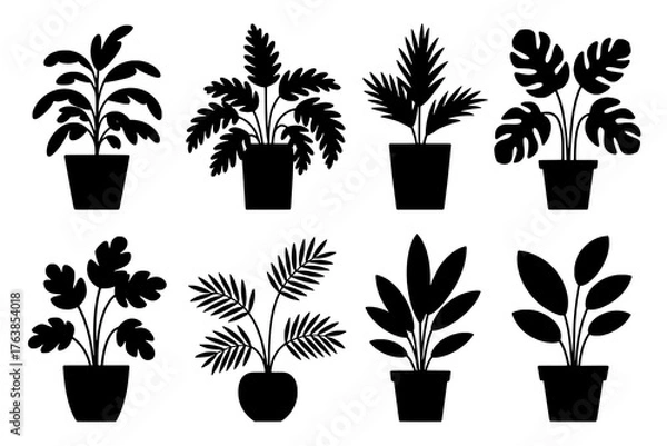 Obraz Eight black silhouette indoor plants in pots, featuring diverse leaf shapes and pot styles arranged in a 2x4 grid on a white background. Minimalist flat vector icons of potted houseplants.
