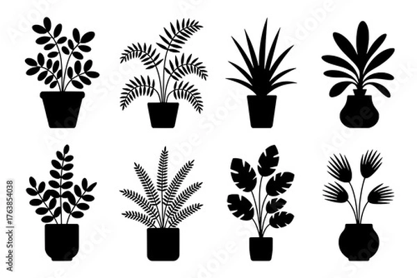 Fototapeta Eight solid black silhouette icons of diverse potted indoor plants, arranged in a two-row, four-column grid on a white background.