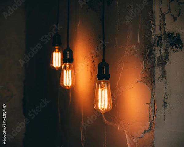 Fototapeta Warm Edison bulbs cast an inviting amber glow on a textured, rustic wall, creating a cozy and atmospheric ambiance perfect for cafes and homes.