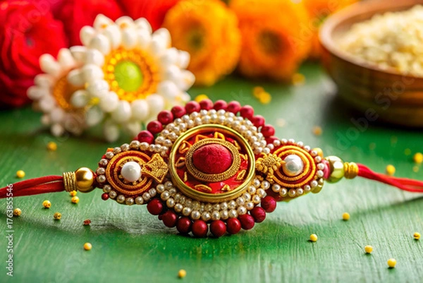 Obraz Vibrant, intricately embroidered thread work adorns a delicate rakhi, symbolizing eternal bond and love, on a soft, creamy background fabric.