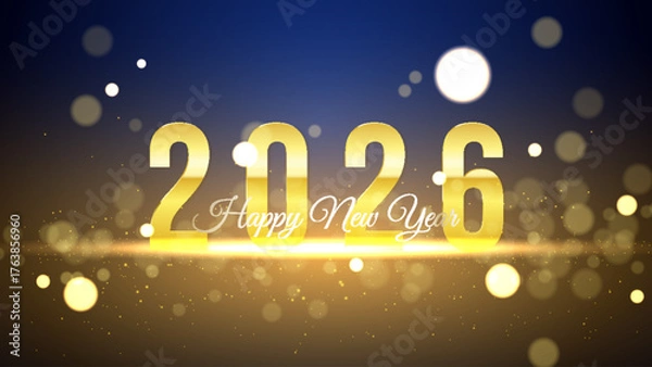 Fototapeta 3D design 2026 in glossy golden color. Luxurious New Year celebration greeting card with glitter particles and bokeh effect on a dark blue background