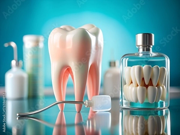 Obraz Large realistic tooth model and dental instruments on a reflective surface with blue background