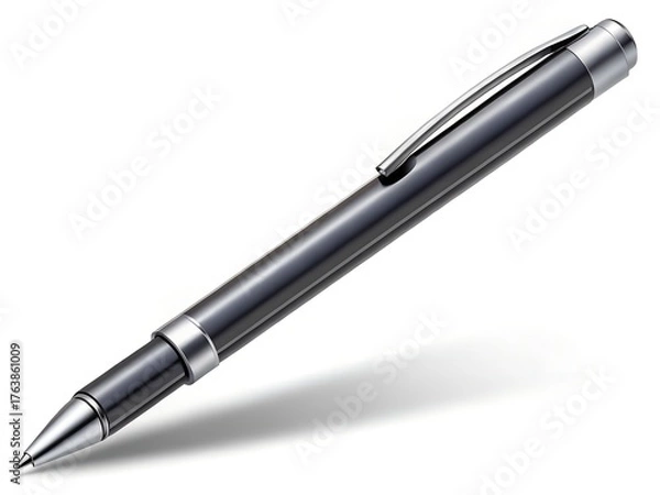 Obraz Elegant dark metallic rollerball pen with a silver clip on a white background