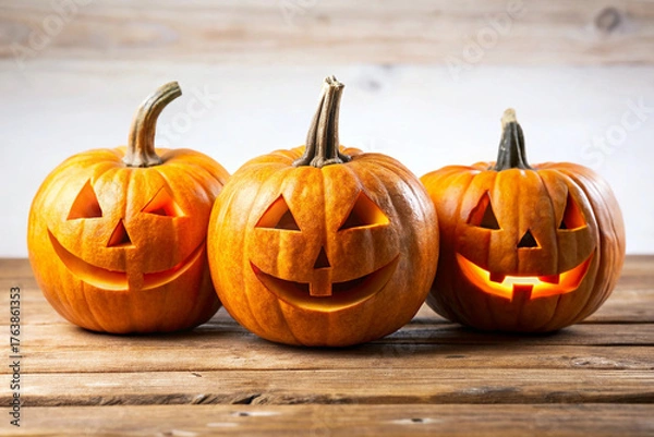 Obraz Four Illuminated Jack-o'-Lantern Pumpkins; Festive Halloween Still Life; Warm, Friendly Mood.