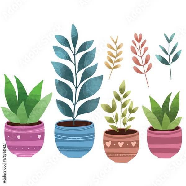 Fototapeta Potted plants set. Interior houseplants in planters, baskets, flowerpots. Home indoor green decor. Set collection vector illustration watercolor 