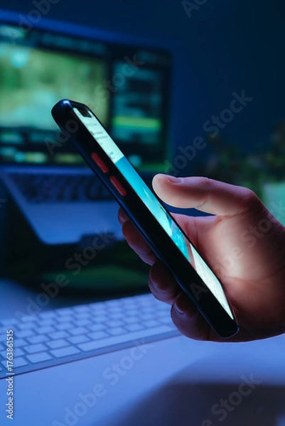 Fototapeta Close-up of a hand holds smartphone and scrolling through social media in dark room, symbolizing late-night content consuming, doom scrolling and digital addiction habits. 