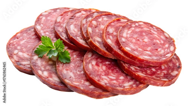 Fototapeta Sliced Salami, with Fresh Parsley Garnish, cutout, PNG isolated on white or transparent background